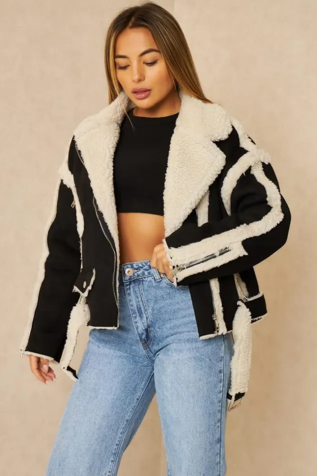 Women Veste Aviateur Noire En Sudine Et Dtails Peau De Mouton cru Black Brentiny Paris Jackets