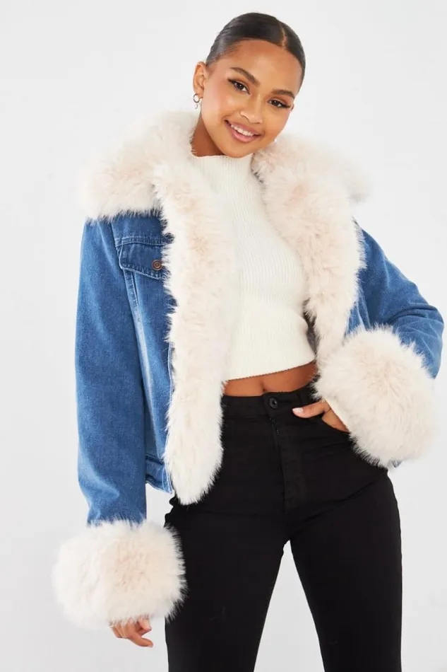 Women Veste En Jean Fourrure BleuBeige Blue Brentiny Paris Jackets