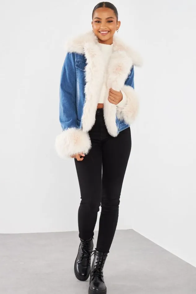 Women Veste En Jean Fourrure BleuBeige Blue Brentiny Paris Jackets