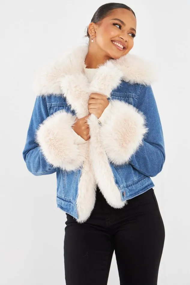 Women Veste En Jean Fourrure BleuBeige Blue Brentiny Paris Jackets