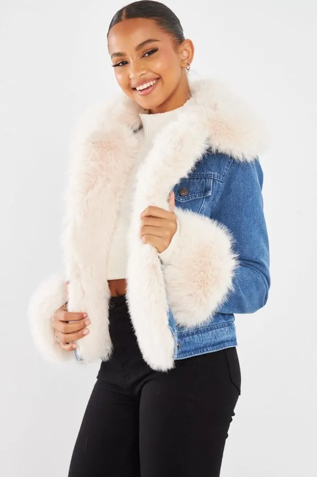 Women Veste En Jean Fourrure BleuBeige Blue Brentiny Paris Jackets