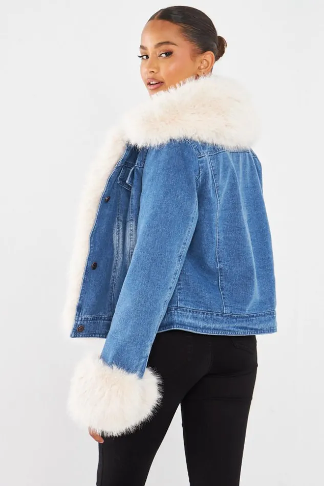 Women Veste En Jean Fourrure BleuBeige Blue Brentiny Paris Jackets