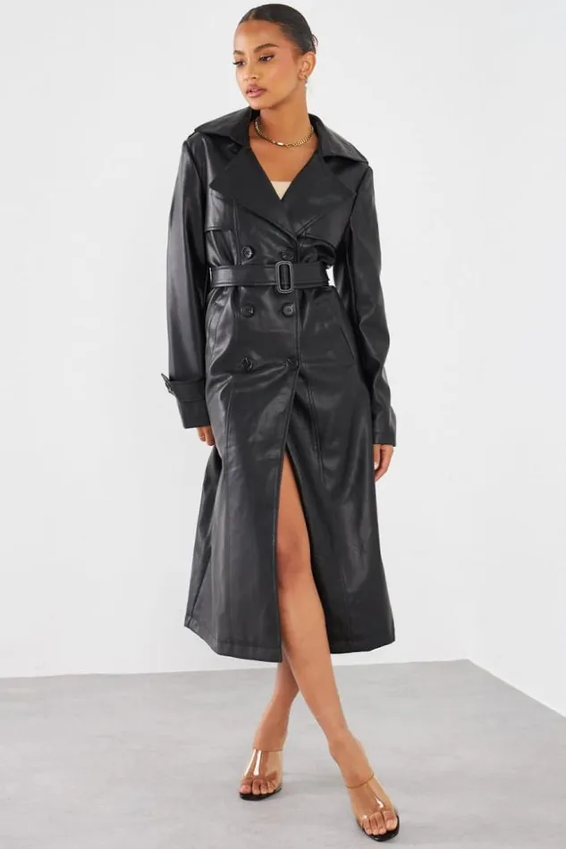 Women Veste En Simili Cuir Noire Ceinture Black Brentiny Paris Jackets