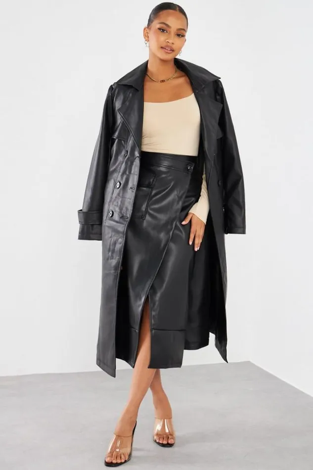 Women Veste En Simili Cuir Noire Ceinture Black Brentiny Paris Jackets