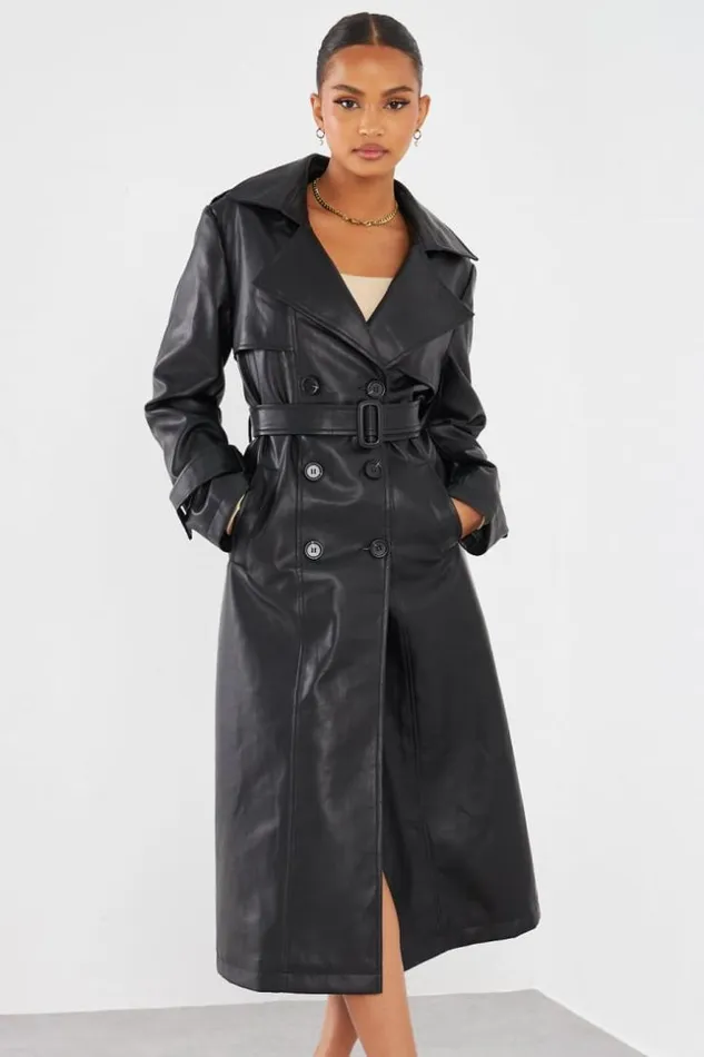 Women Veste En Simili Cuir Noire Ceinture Black Brentiny Paris Jackets