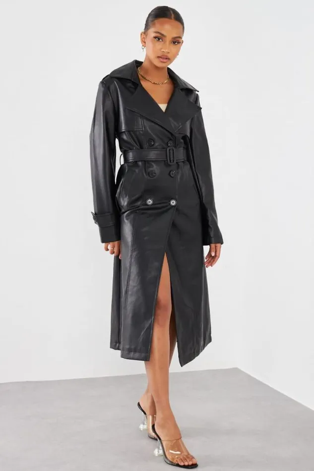 Women Veste En Simili Cuir Noire Ceinture Black Brentiny Paris Jackets