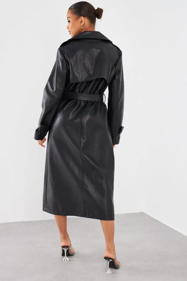 Women Veste En Simili Cuir Noire Ceinture Black Brentiny Paris Jackets