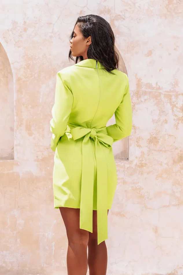 Women Wedding Guest Lavish Alice RORY Interlocking Panel Bow Back Blazer Dress In Chartreuse Chartreuse
