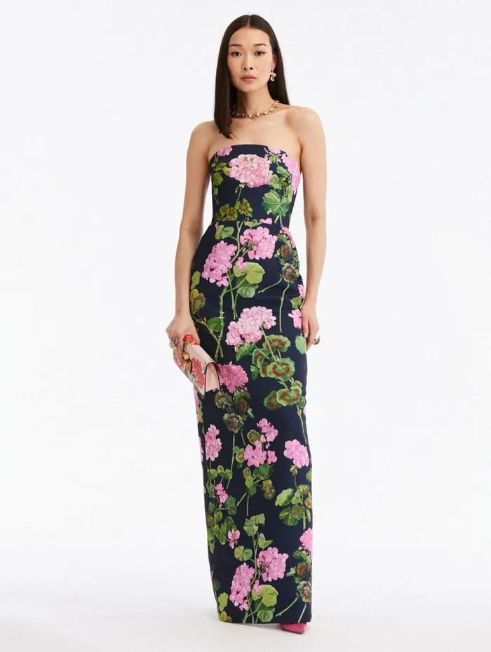 Women Wedding Guest Oscar De La Renta Strapless Geranium Column Gown Pinknavy