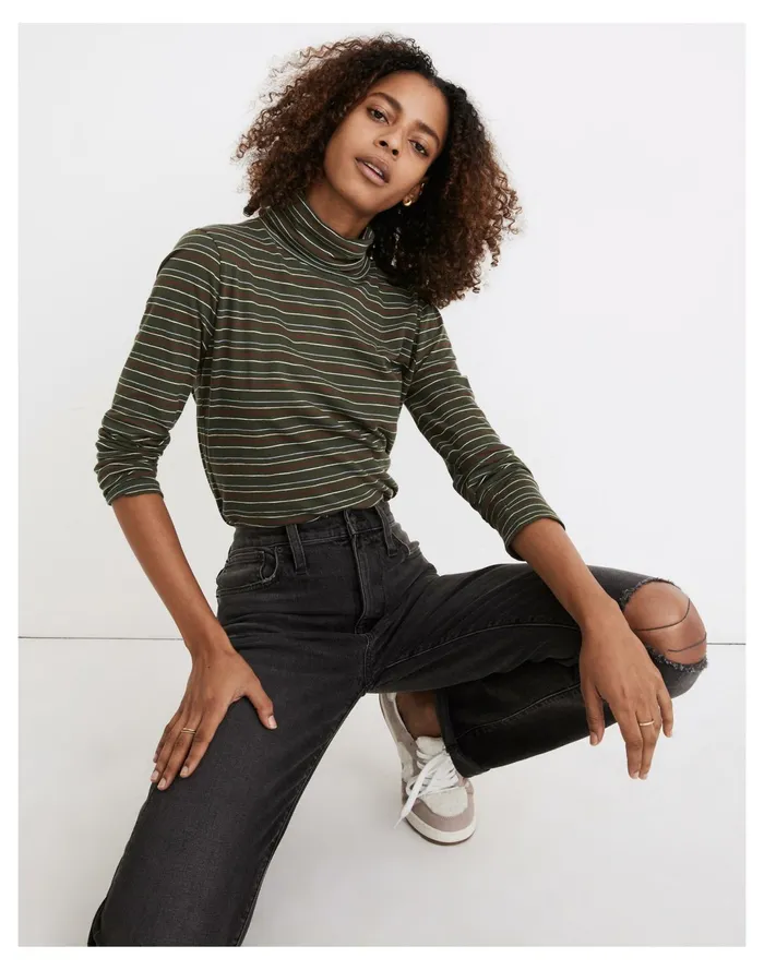Women Whisper Cotton Turtleneck In Ivorton Stripe Dark Forest Madewell Tees