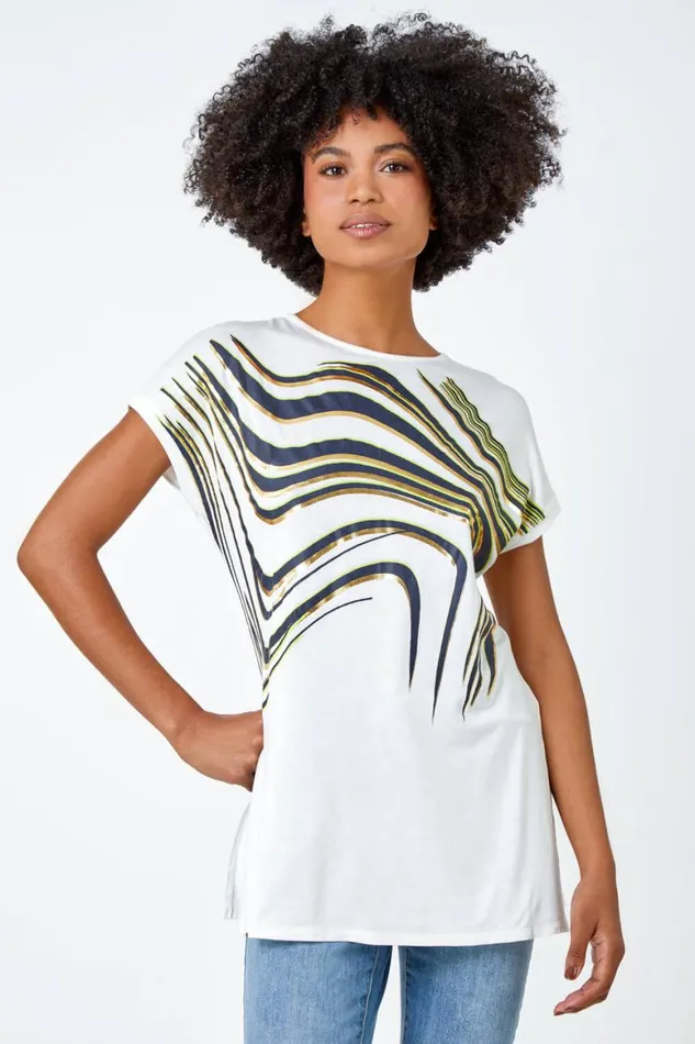 Women White Abstract Foil Print Tunic TShirt Roman Tops