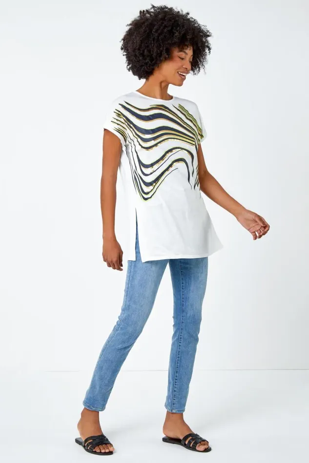 Women White Abstract Foil Print Tunic TShirt Roman Tops