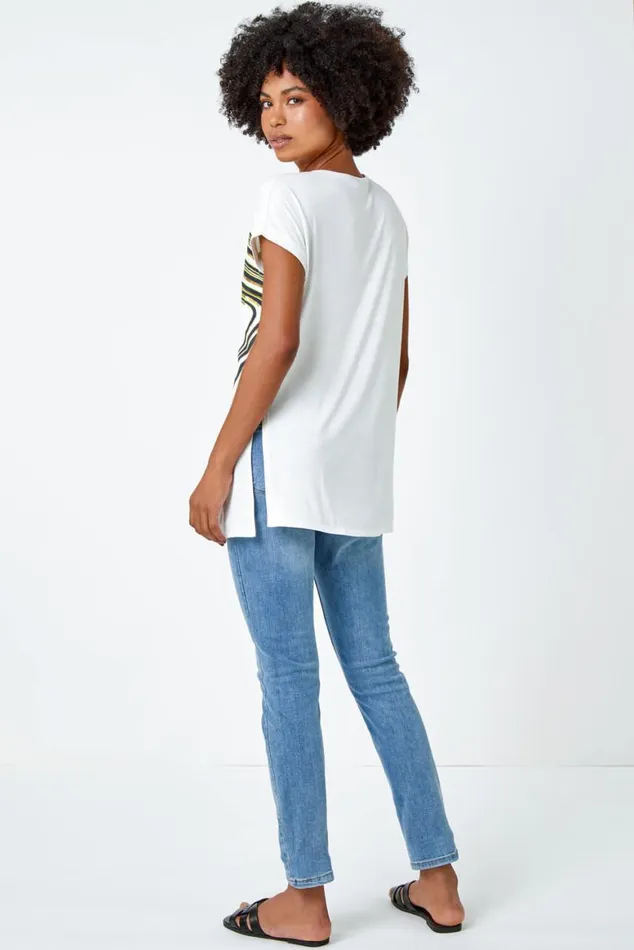 Women White Abstract Foil Print Tunic TShirt Roman Tops
