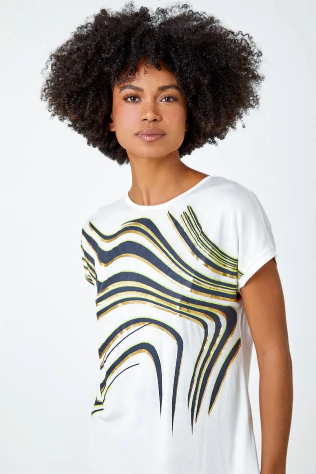 Women White Abstract Foil Print Tunic TShirt Roman Tops