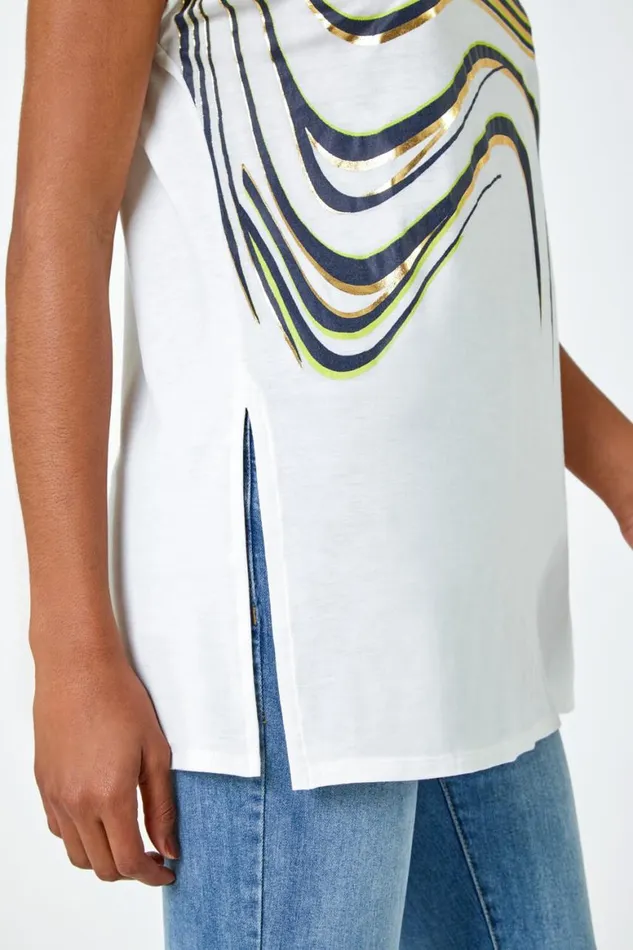 Women White Abstract Foil Print Tunic TShirt Roman Tops