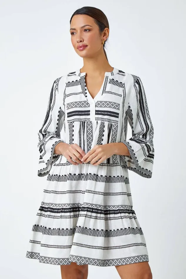 Women White Aztec Print Cotton Smock Dress Roman Dresses