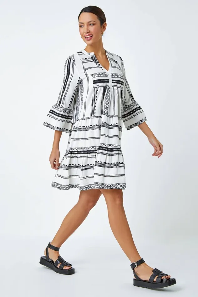 Women White Aztec Print Cotton Smock Dress Roman Dresses