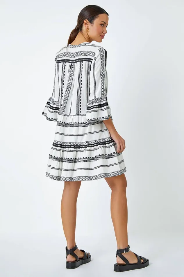 Women White Aztec Print Cotton Smock Dress Roman Dresses