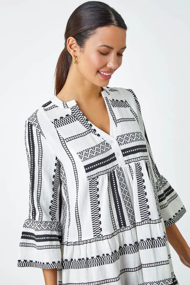 Women White Aztec Print Cotton Smock Dress Roman Dresses