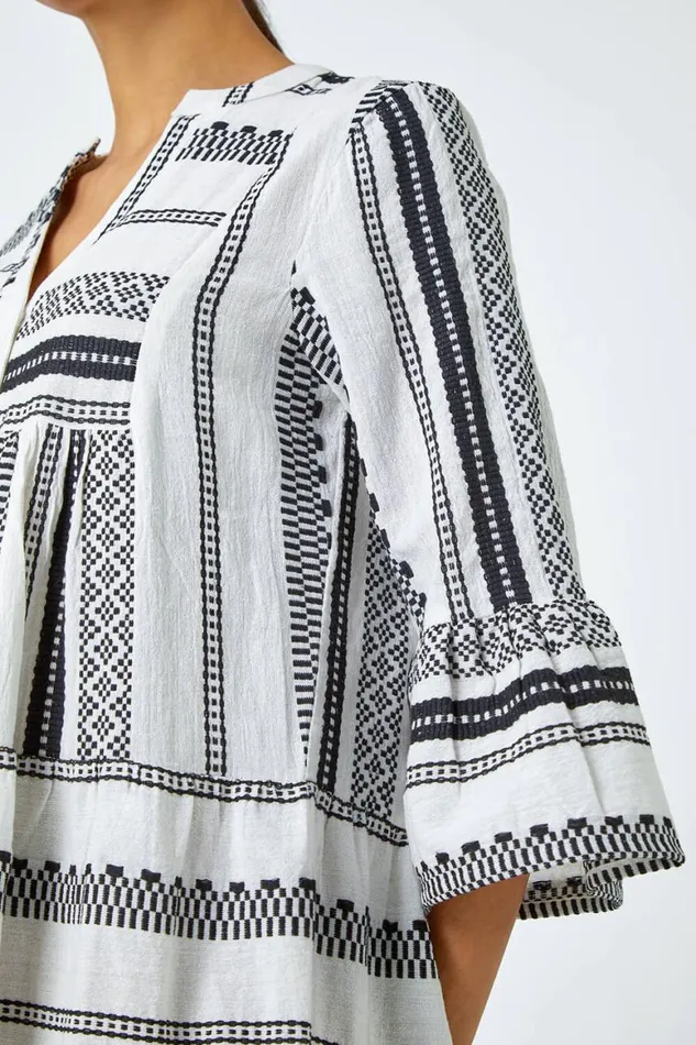 Women White Aztec Print Cotton Smock Dress Roman Dresses