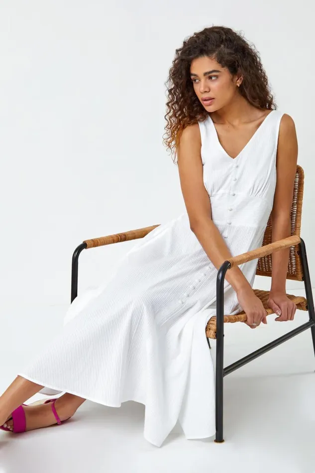 Women White Button Detail Cotton Midi Dress Roman Dresses