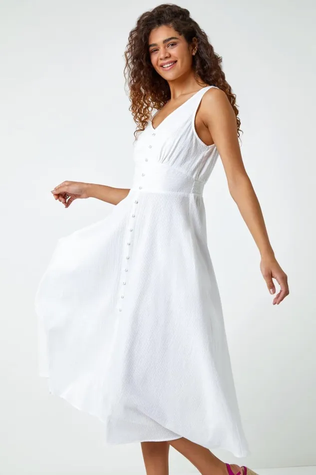 Women White Button Detail Cotton Midi Dress Roman Dresses