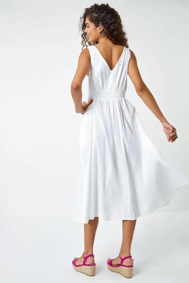 Women White Button Detail Cotton Midi Dress Roman Dresses