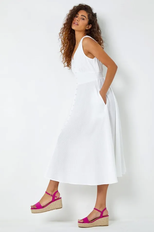 Women White Button Detail Cotton Midi Dress Roman Dresses
