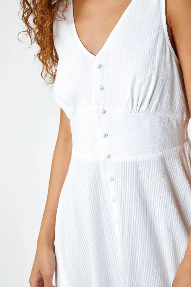 Women White Button Detail Cotton Midi Dress Roman Dresses