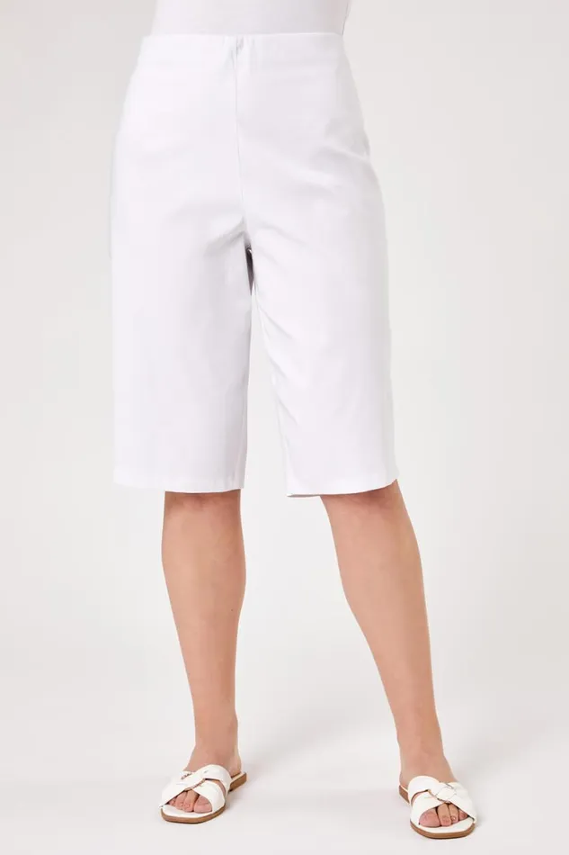 Women White Curve Knee Length Elastic Waist Shorts Roman Trousers