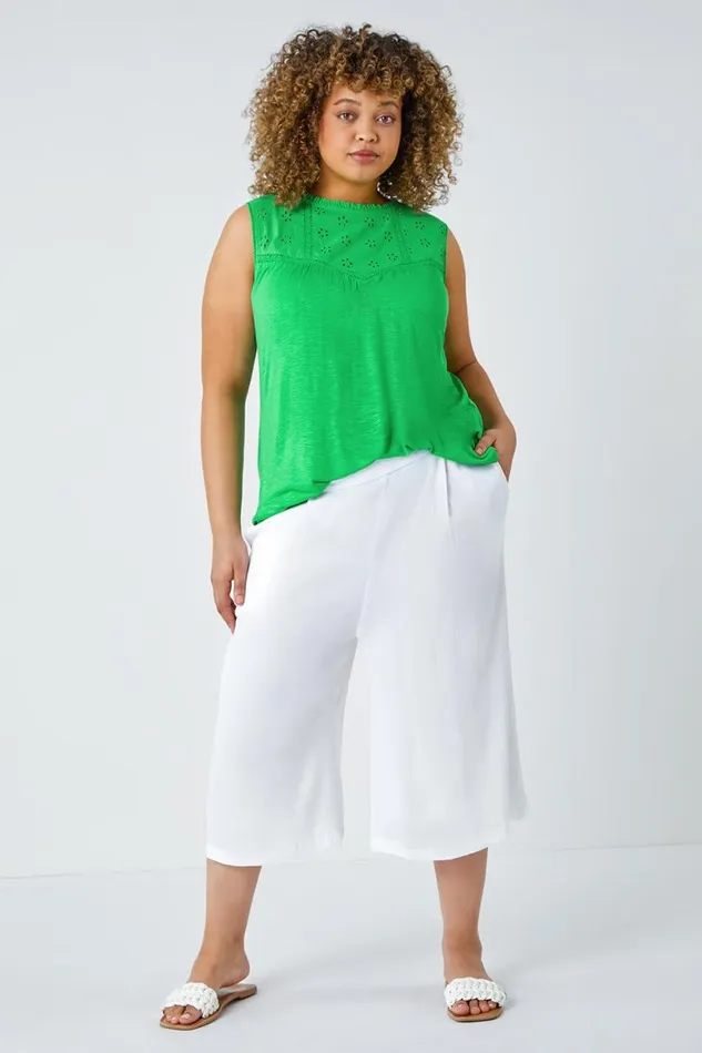 Women White Curve Plain Crinkle Elastic Waist Culottes Roman Trousers