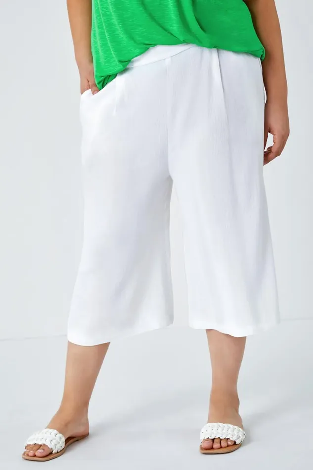 Women White Curve Plain Crinkle Elastic Waist Culottes Roman Trousers