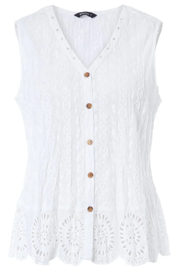 Women White Eyelet Detail Embroidered Crinkle Blouse Roman Tops
