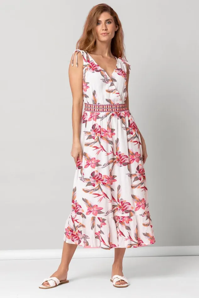 Women White Floral Embroidered Detail Dress Roman Dresses