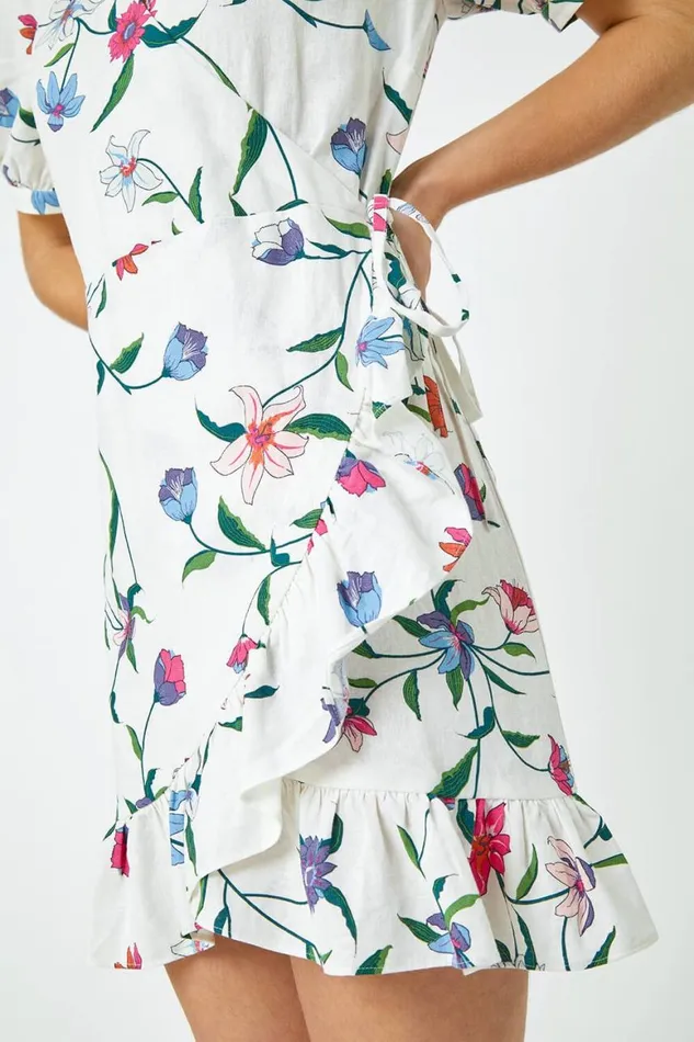 Women White Floral Print Frill Wrap Dress Roman Dresses