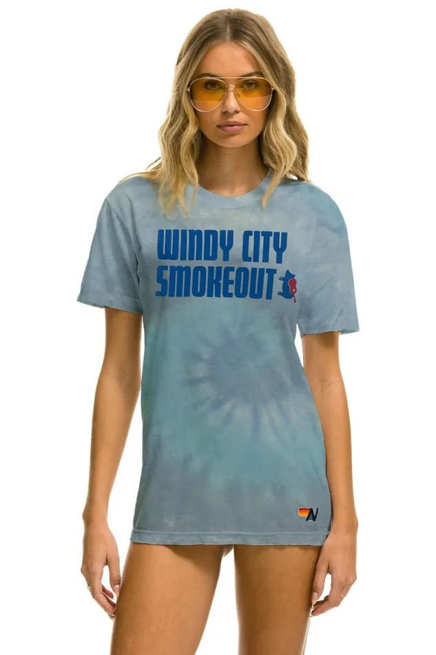 Women WINDY CITY SMOKEOUT 2023 TEE 8211 TIE DYE HEATHER BLUE Aviator Nation UnisexTees