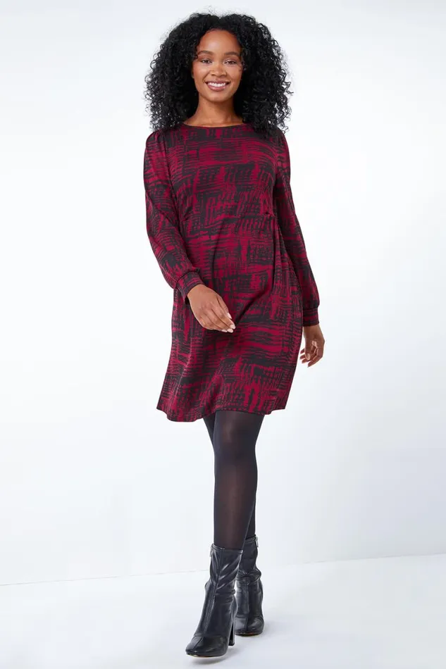 Women Wine Petite Abstract Print Fit and Flare Dress Roman Dresses