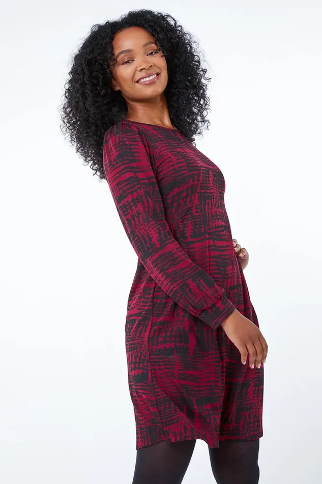 Women Wine Petite Abstract Print Fit and Flare Dress Roman Dresses