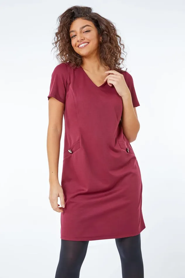 Women Wine Petite Pocket Tunic Dress Roman Dresses