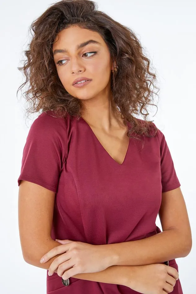 Women Wine Petite Pocket Tunic Dress Roman Dresses