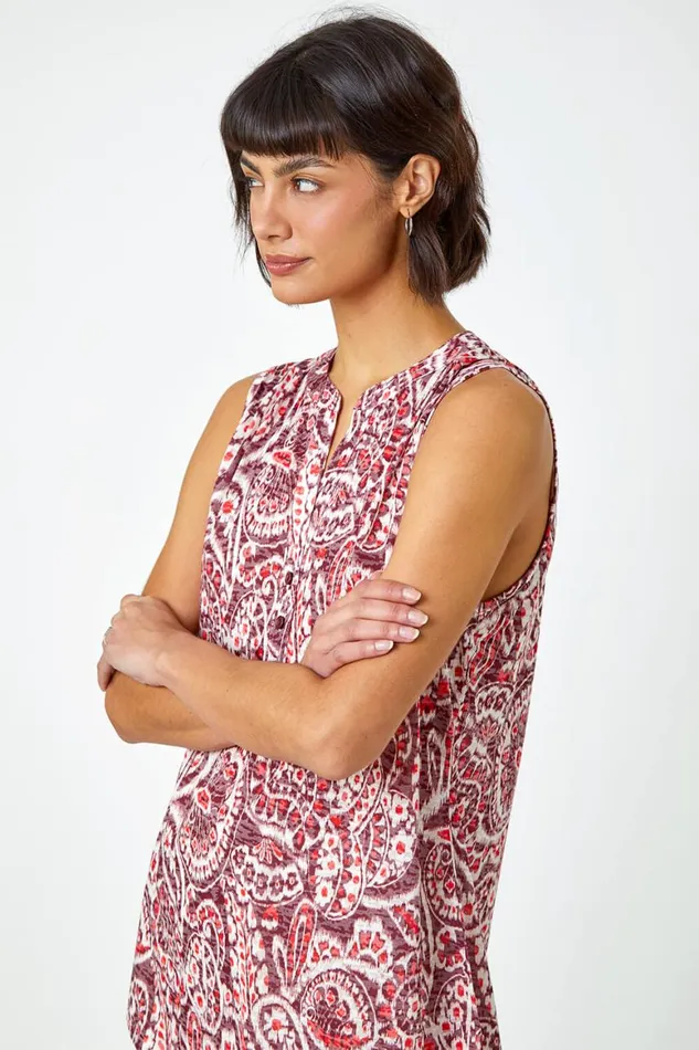 Women Wine Sleeveless Paisley Print Top Roman Tops