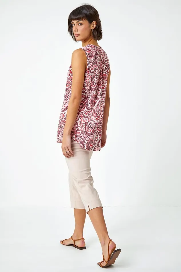 Women Wine Sleeveless Paisley Print Top Roman Tops