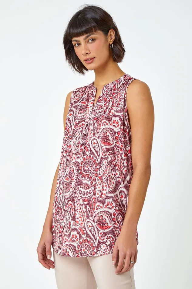 Women Wine Sleeveless Paisley Print Top Roman Tops