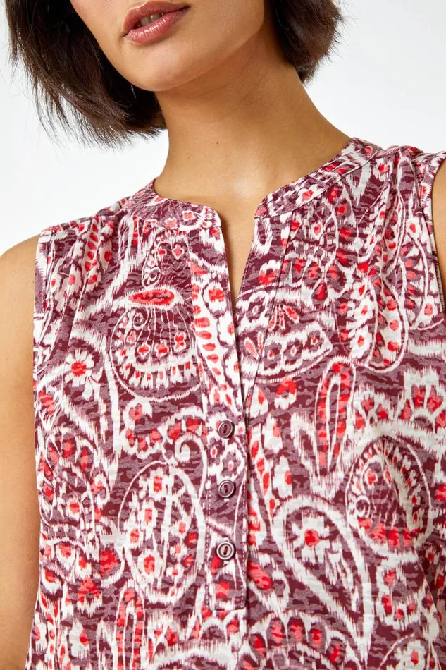 Women Wine Sleeveless Paisley Print Top Roman Tops