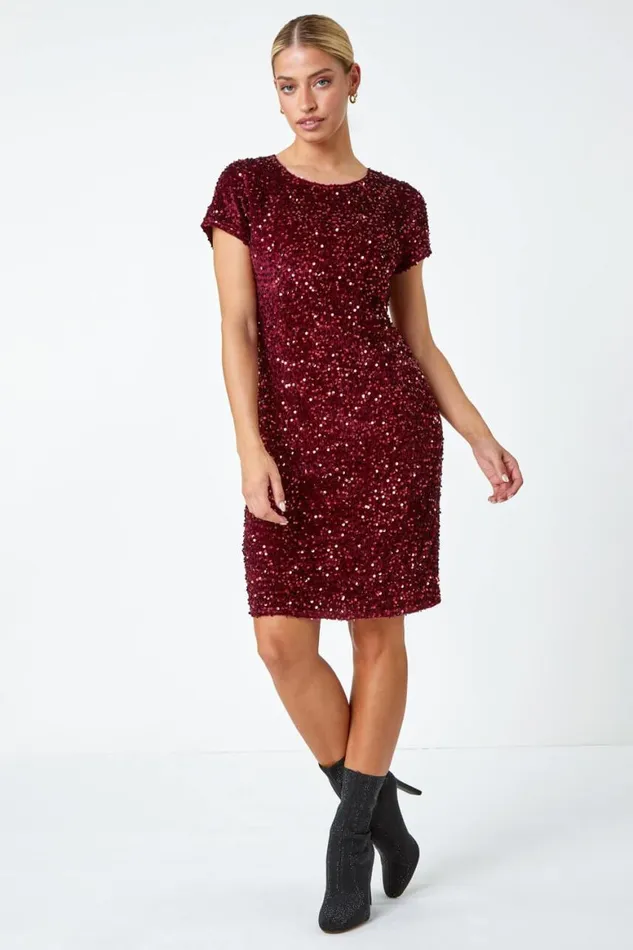 Women Wine Velvet Sequin Embellished Shift Dress Roman Dresses