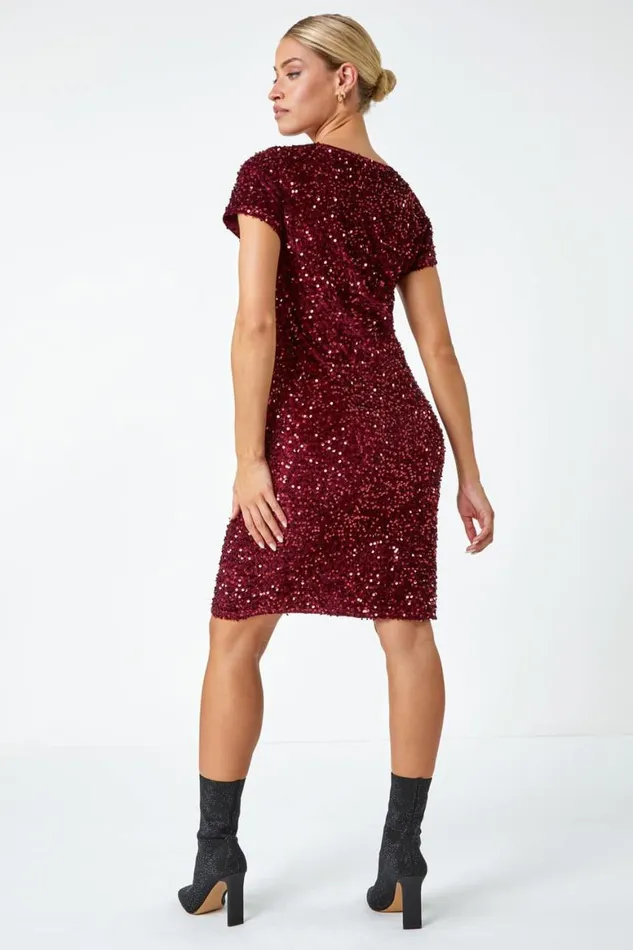 Women Wine Velvet Sequin Embellished Shift Dress Roman Dresses