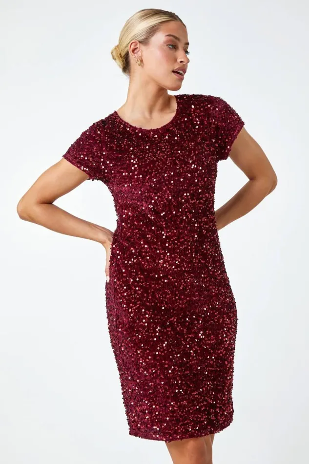 Women Wine Velvet Sequin Embellished Shift Dress Roman Dresses