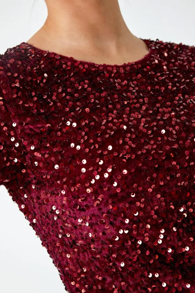 Women Wine Velvet Sequin Embellished Shift Dress Roman Dresses