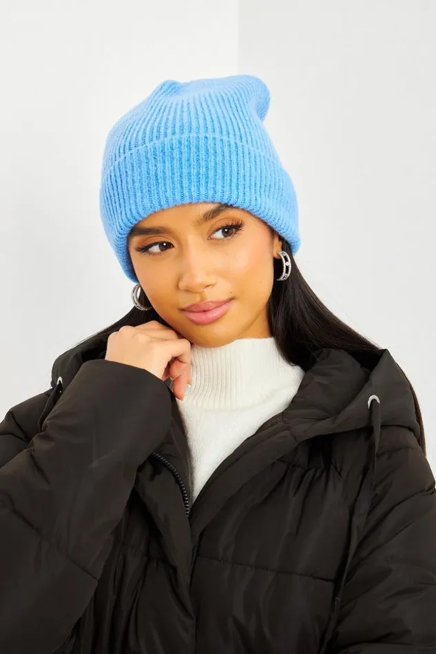 Women Wool Ribbed Beanie With Turn Up Cuff In Blue Blue Brentiny Paris Beanie