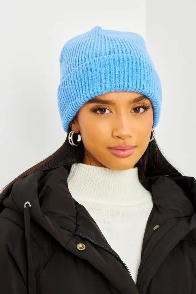 Women Wool Ribbed Beanie With Turn Up Cuff In Blue Blue Brentiny Paris Beanie